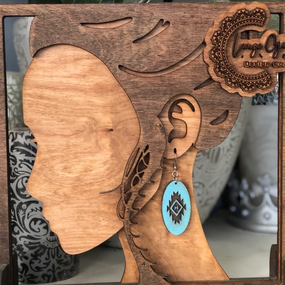 Turquoise Long Dangle Aztec Print Engraved Wood Earrings - Picture 2 of 2